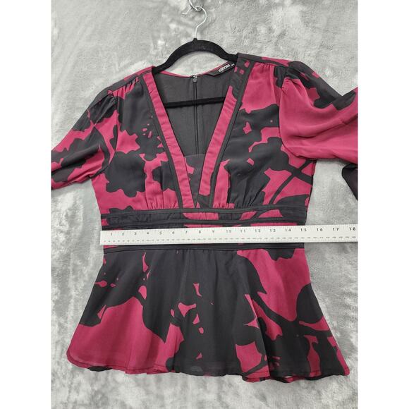 Eshakti Floral Print Georgette Peplum Blouse Size M-8 Black Pink Back Zip Office - Picture 11 of 13